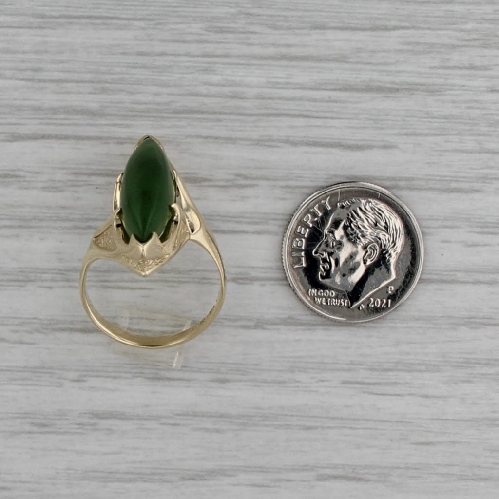 Vintage Green Nephrite Jade Navette Cabochon Ring 14k Yellow Gold Size 6.75
