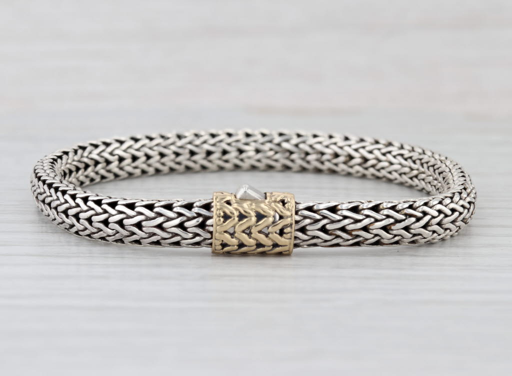 John Hardy Classic Wheat Chain Bracelet Sterling Silver 18k Gold 7" 6.4mm Lock