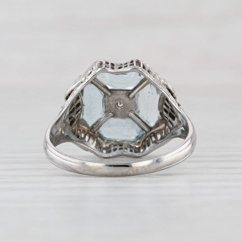 Vintage Aquamarine Diamond Ring 14k White Gold Filigree Size 7.5