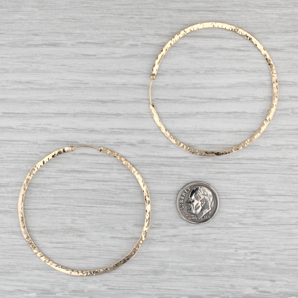 Hammered Hoop Earrings 14k Yellow Gold Large Round Hoops 54.3 x 0.5mm