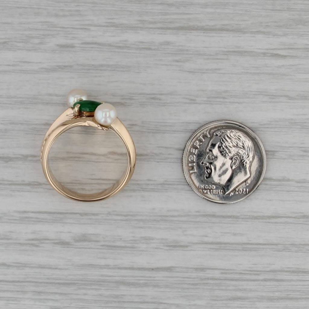 Green Jadeite Jade Pearl Bypass Ring 14k Yellow Gold Size 6