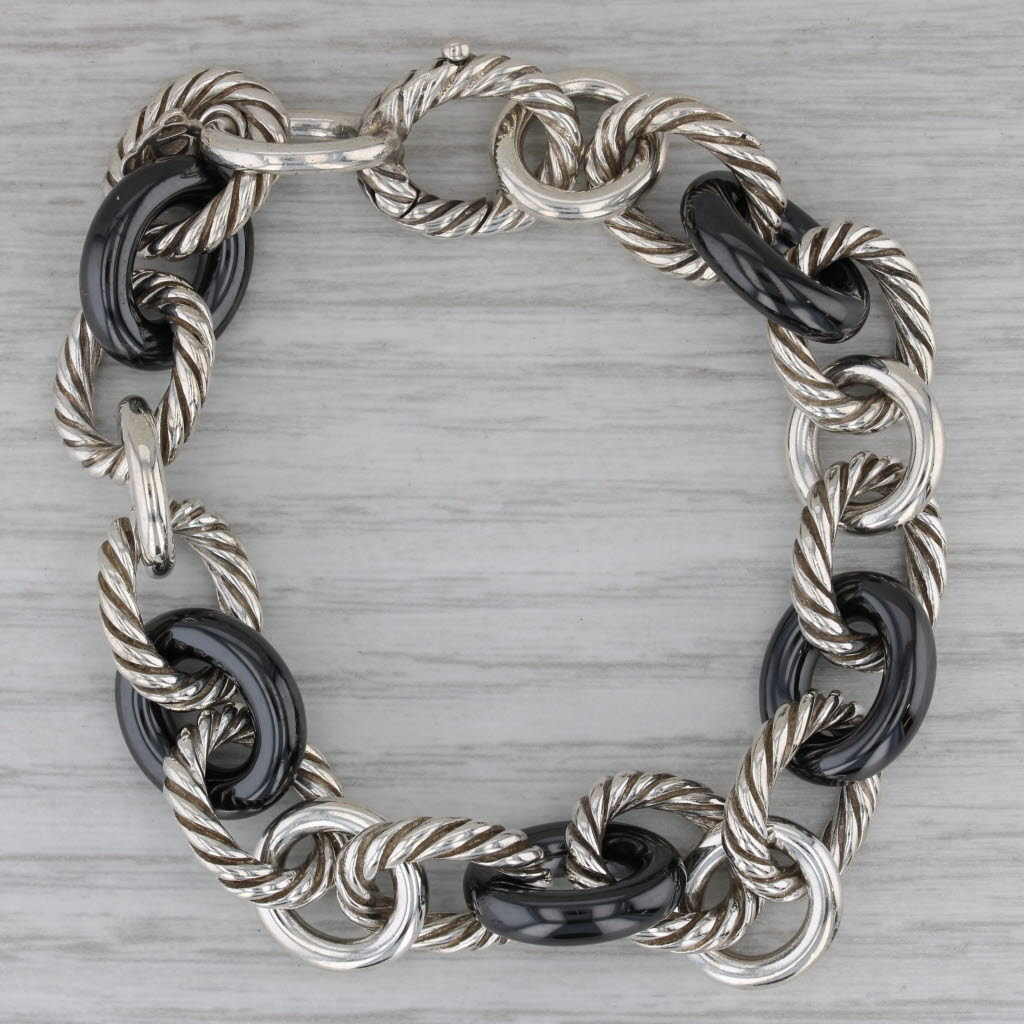Dark Gray David Yurman Ceramic Sterling Silver Cable Chain Bracelet 7" 13.3mm