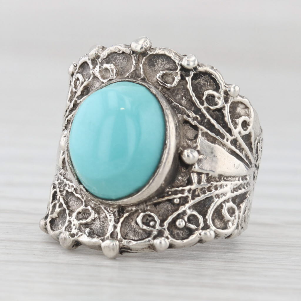 Light Gray Vintage Lab Created Turquoise Ornate Ring Sterling Silver Size 6 Oval Cabochon