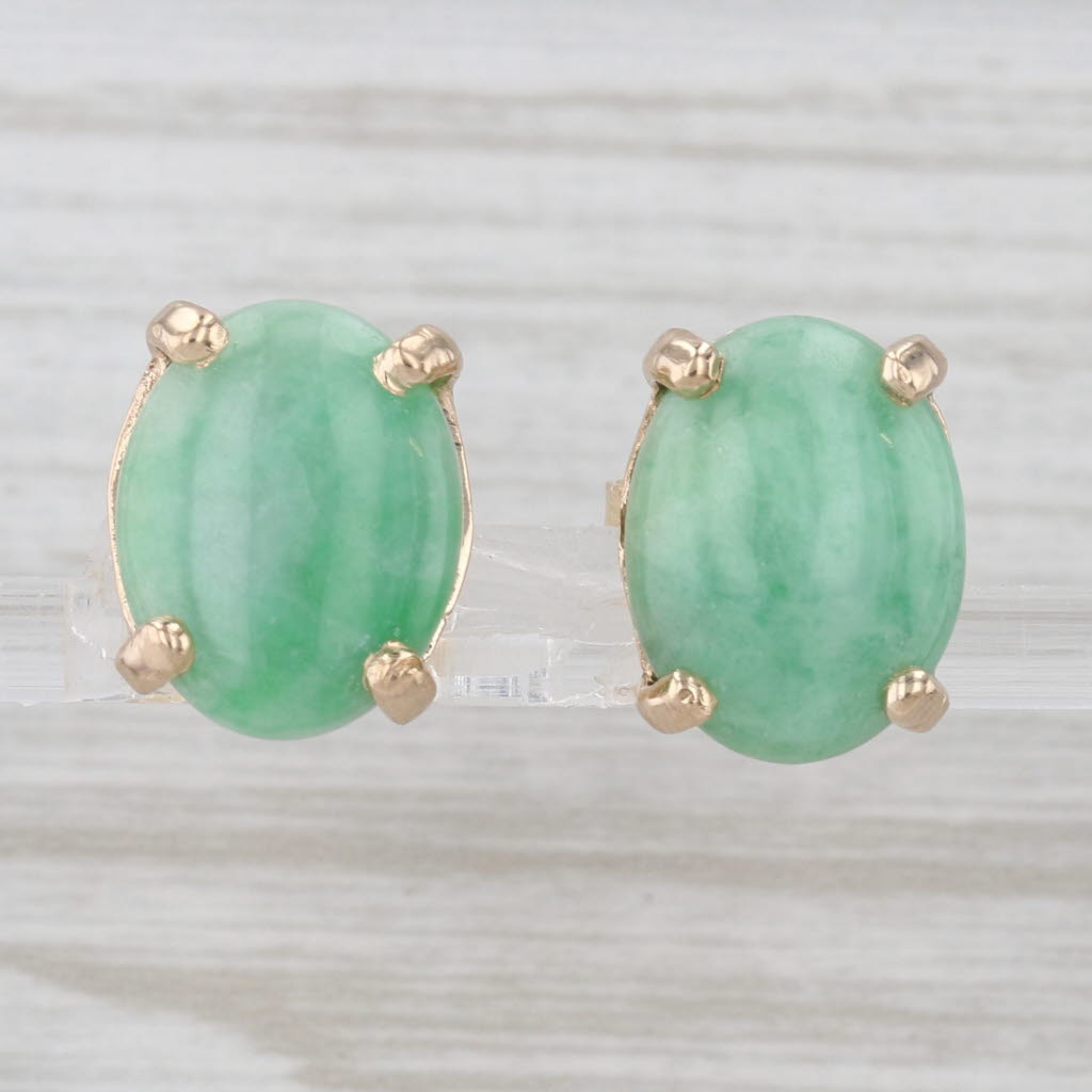 Green Jadeite Jade Stud Earrings 14k Yellow Gold Oval Cabochon Studs