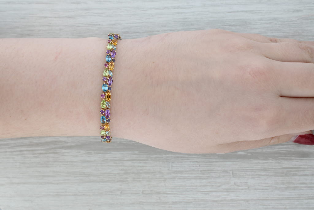 Gray 12.87ctw Gemstone Tennis Bracelet 14k Gold 8" Topaz Citrine Peridot Amethyst
