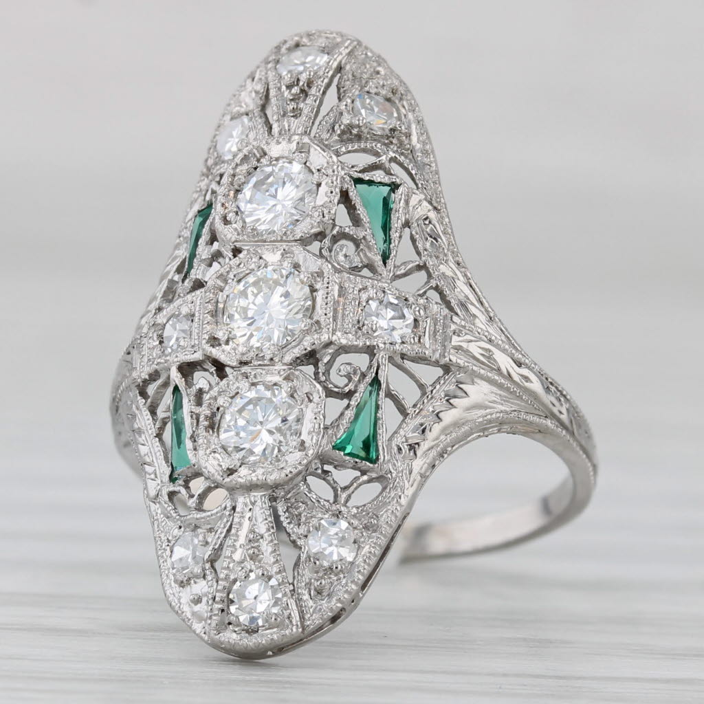 Gray Art Deco 0.40ctw Diamond Lab Created Emerald Ring Platinum Filigree Size 6