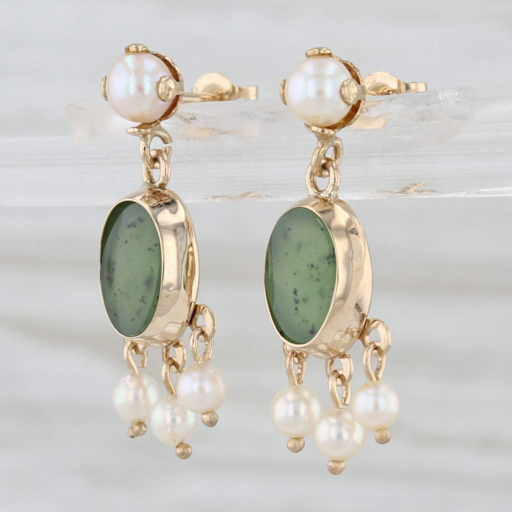 Cultured Pearl Green Nephrite Jade Dangle Earrings 14k Yellow Gold Drop