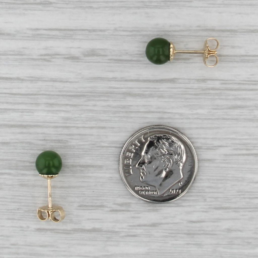 Vintage Green Nephrite Jade Bead Stud Earrings 14k Yellow Gold 6.1mm