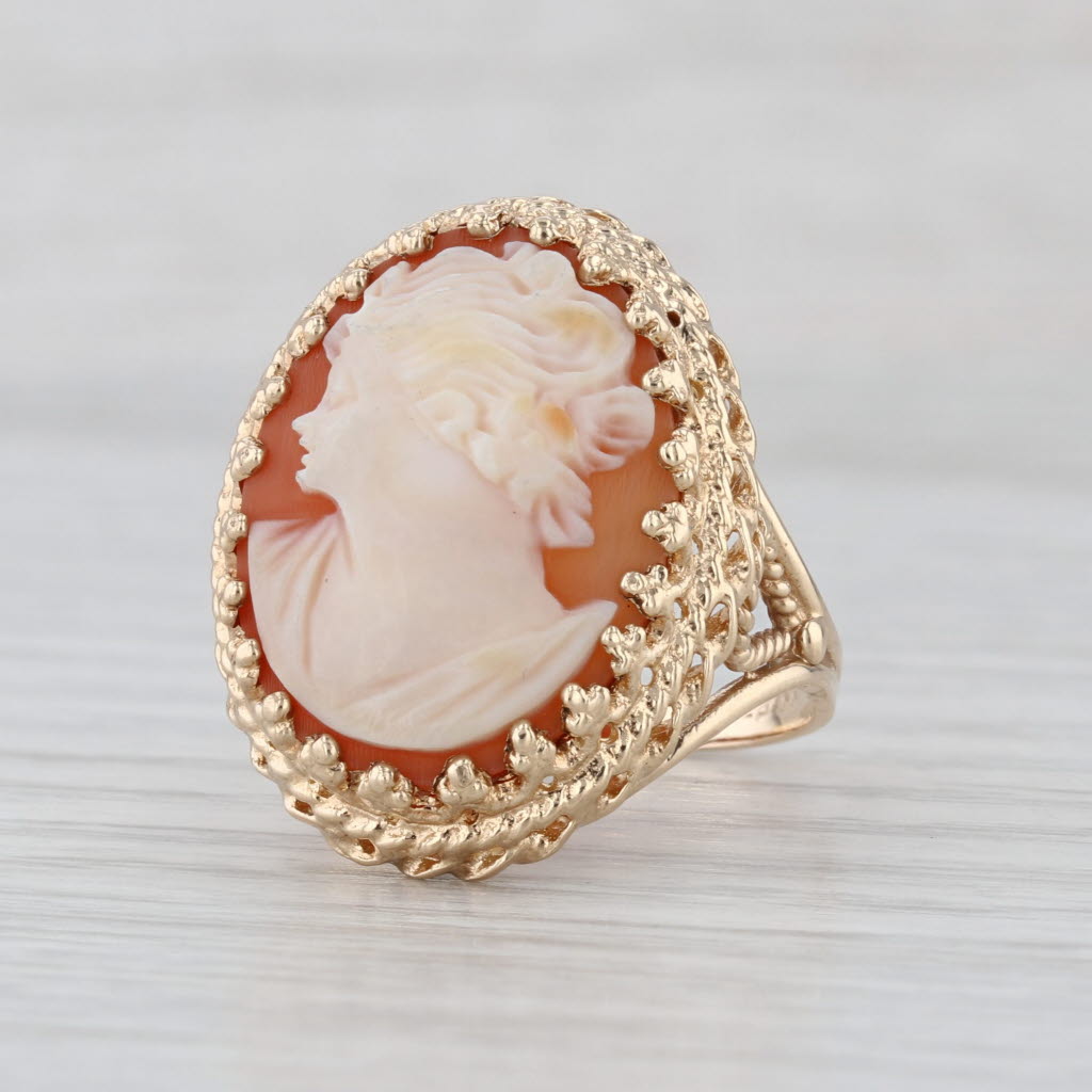 Vintage Cameo Ring 10k Yellow Gold Size 9 Statement Figural Carved Shell