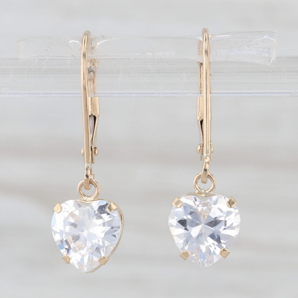 4.20ctw Cubic Zirconia Heart Dangle Earrings 14k Yellow Gold Lever Backs