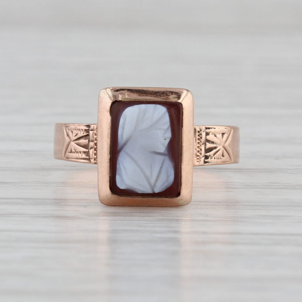 Victorian Carved Chalcedony Cameo Ring 9k Rose Gold Size 4.5 Antique