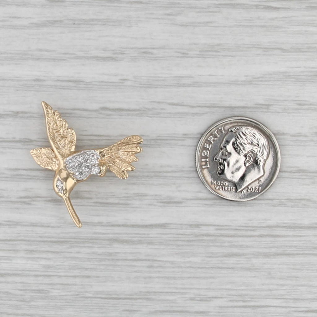 Diamond Hummingbird Pin 14k Yellow White Gold Bird Brooch