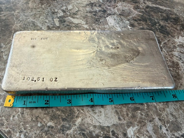 102.51 ozt Alexander Westerfield Old Pour 999 Fine Silver Bar 7.75 x 4.5"