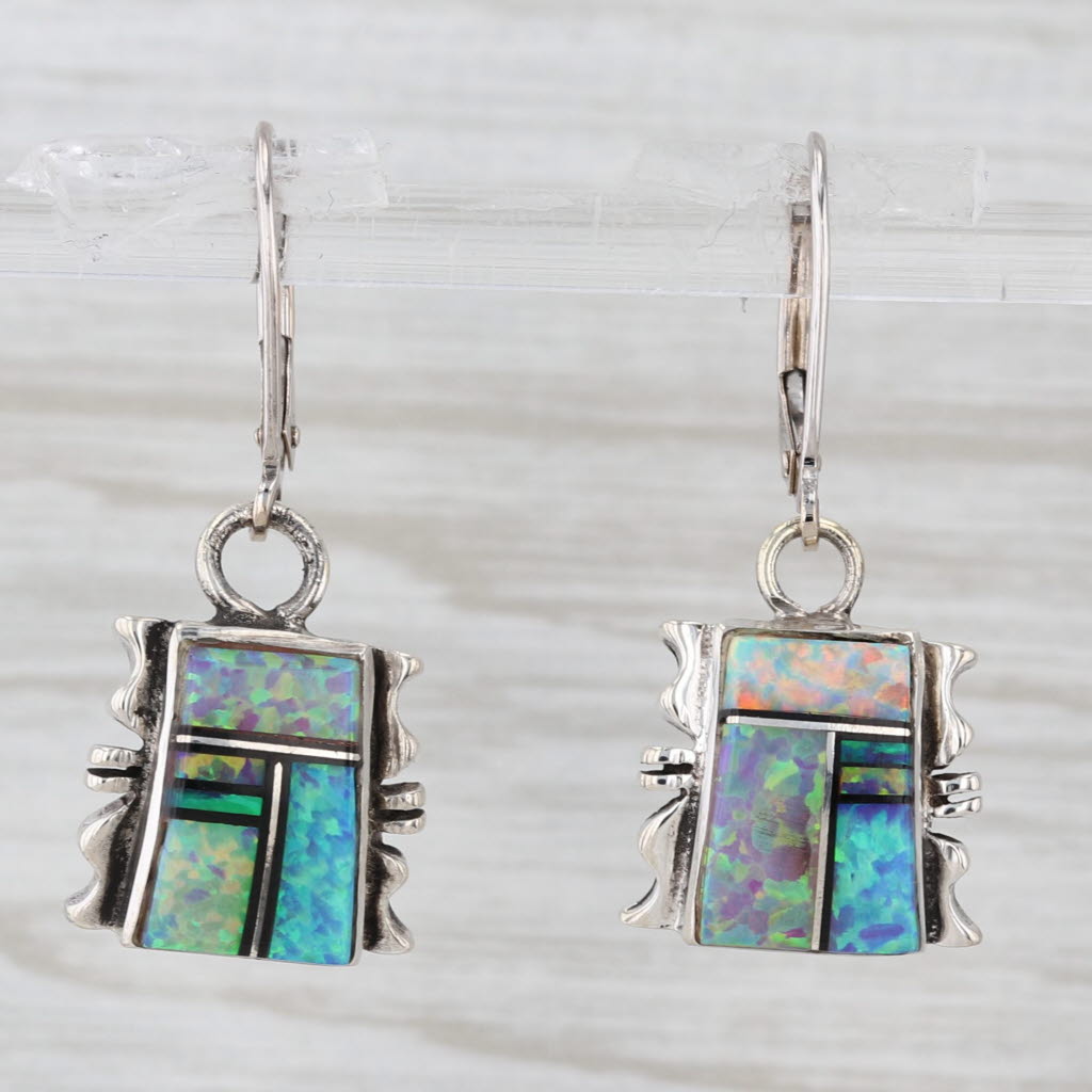 Light Gray Lab Created Blue Green Opal Mosaic Dangle Earrings Sterling Silver 14k Gold
