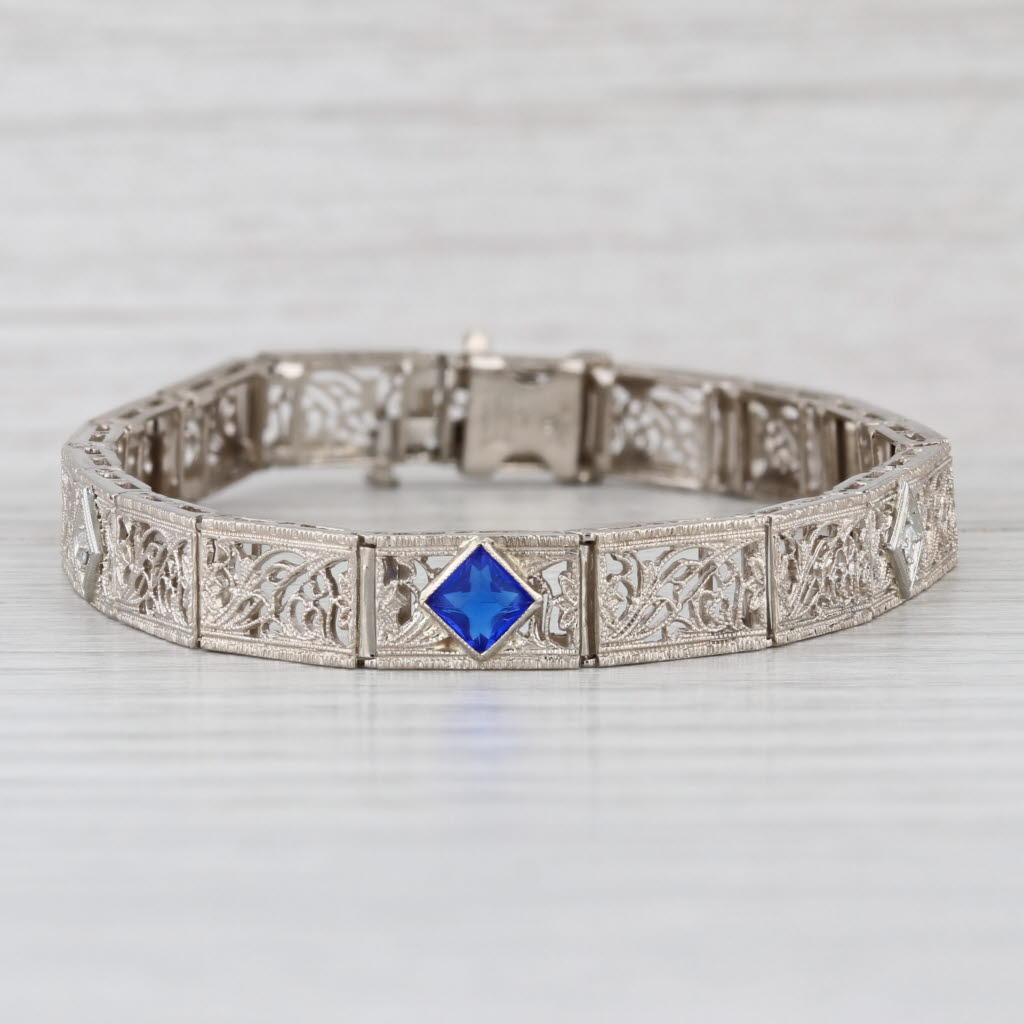 Vintage Diamond Filigree Bracelet 14k White Gold 7" 6.6mm Blue Glass