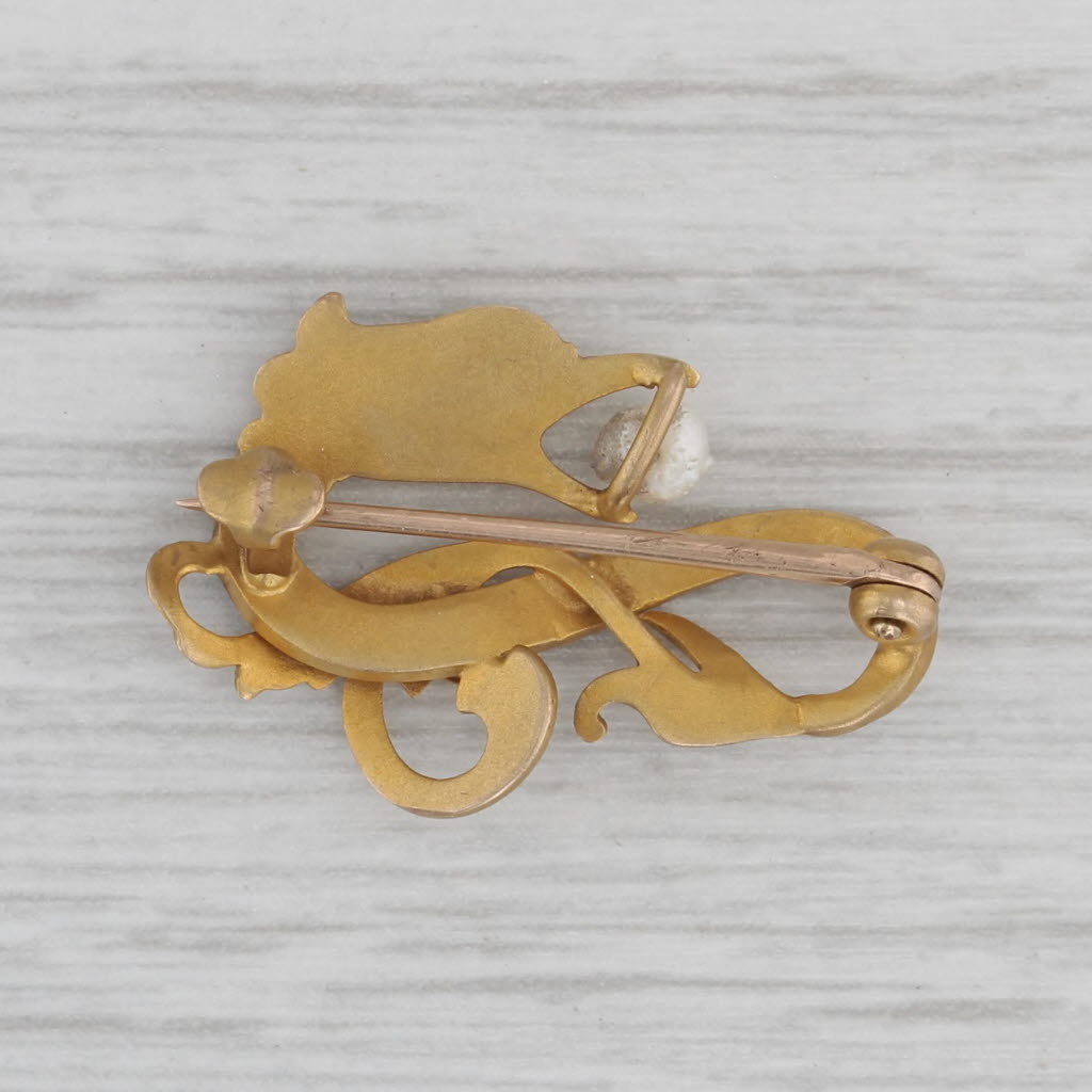 Gray Art Nouveau Cultured Baroque Pearl Dragon Pin 10k Yellow Gold Antique Brooch