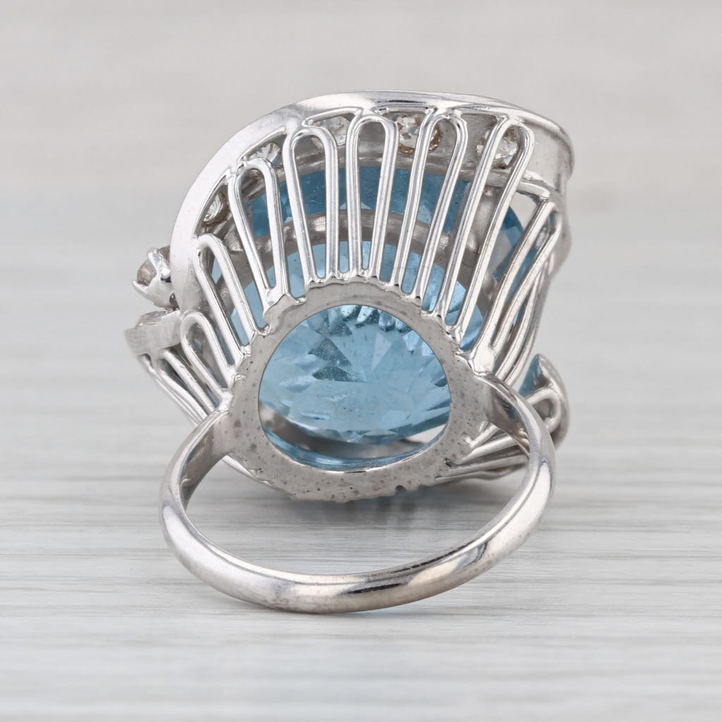 25.97ctw Aquamarine Diamond Swirl Cocktail Ring 10k-13.5 White Gold Size 8