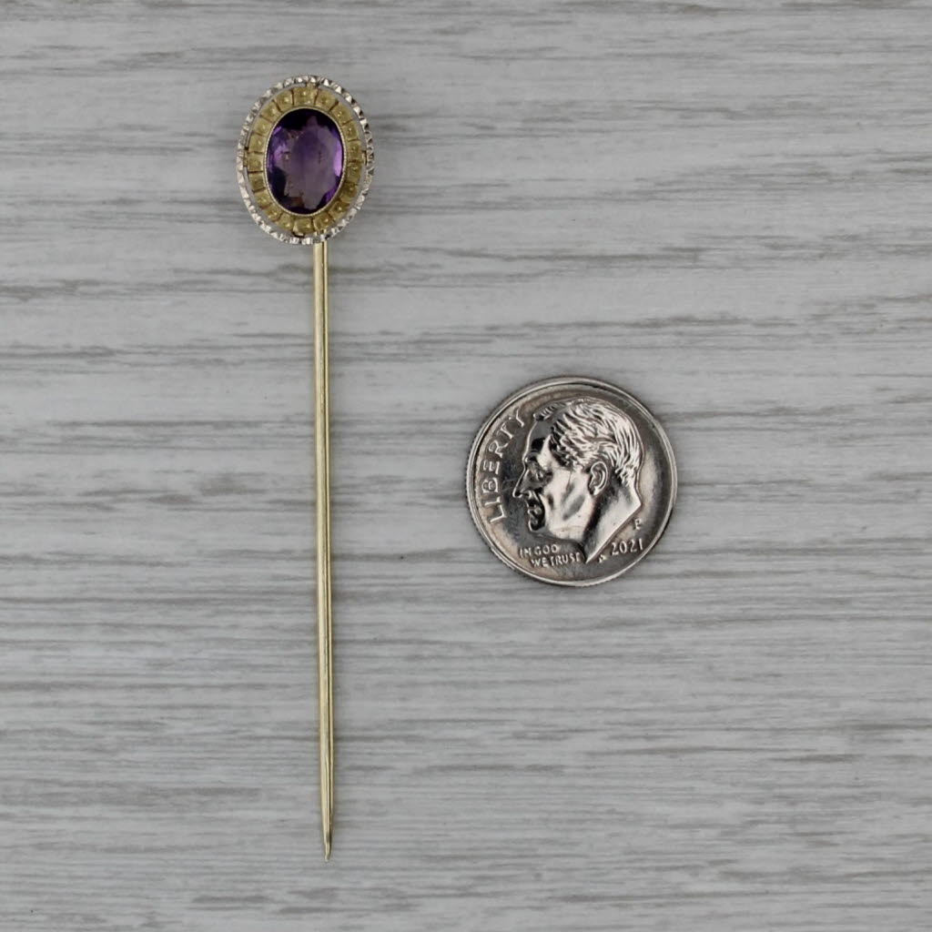 Antique Amethyst Stickpin 14k Yellow Gold 1.08ct Oval Solitaire