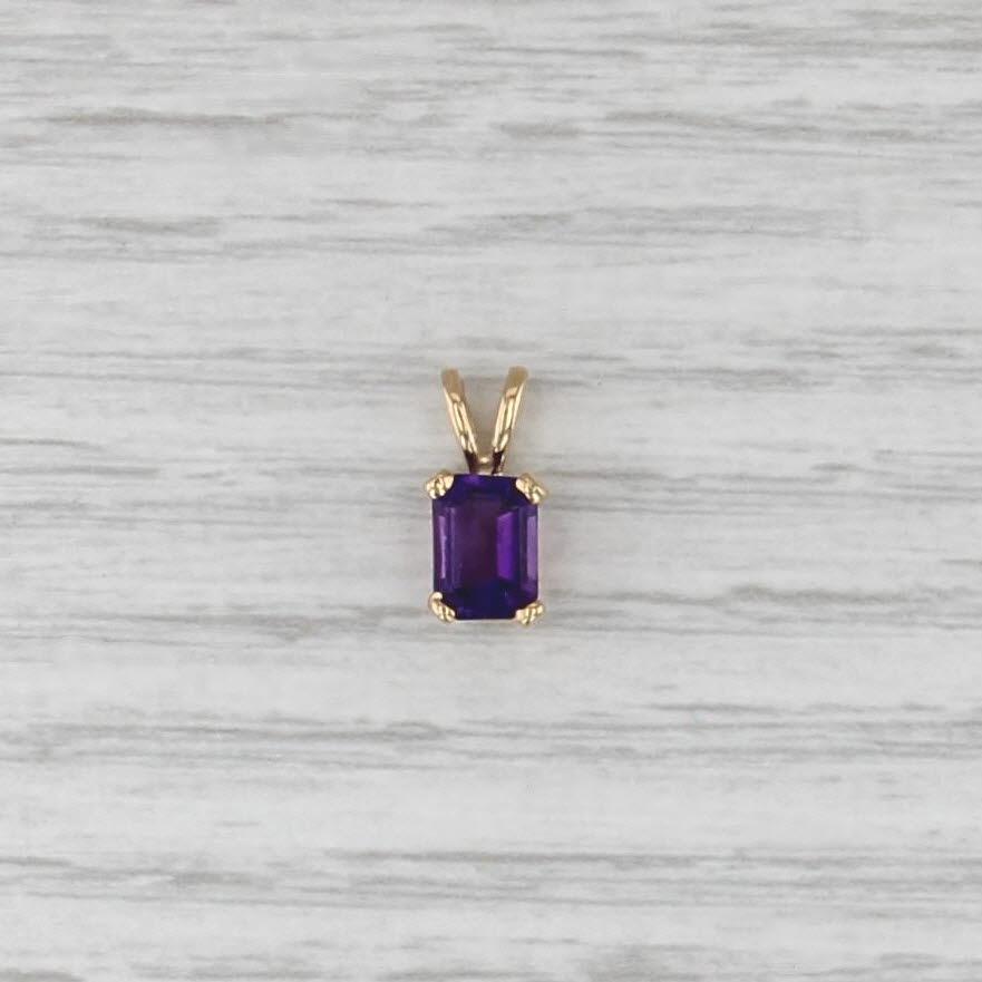 0.80ct Emerald Cut Solitaire Amethyst Pendant 14k Yellow Gold Small Drop