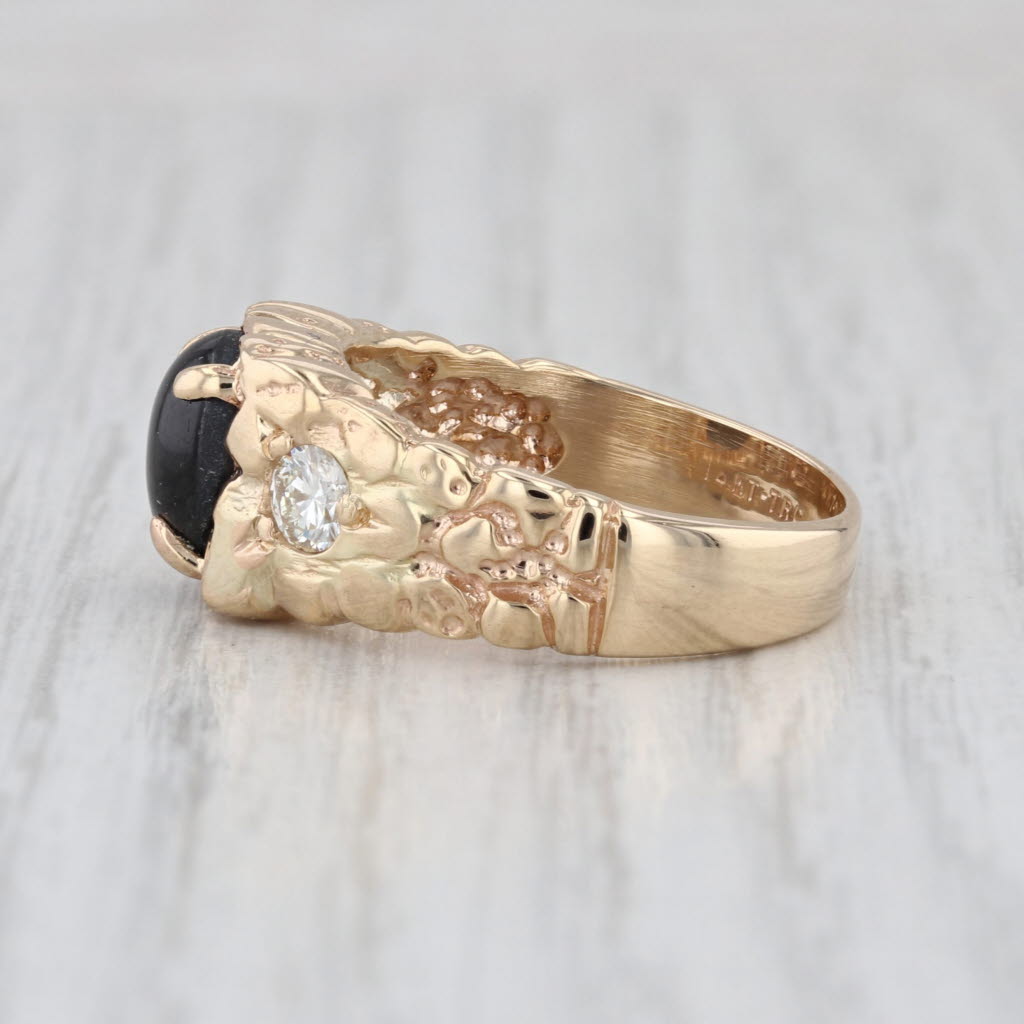 Black Star Sapphire Diamond Ring 14k Yellow Gold Nugget Pattern Size 8.5