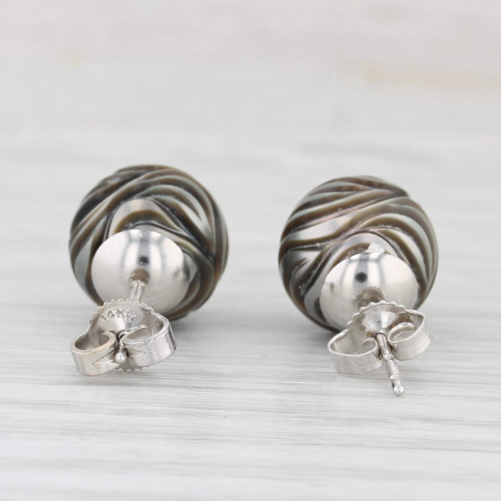Light Gray New Cultured Black Pearl Flower Diamond Stud Earrings 14k Gold Galatea
