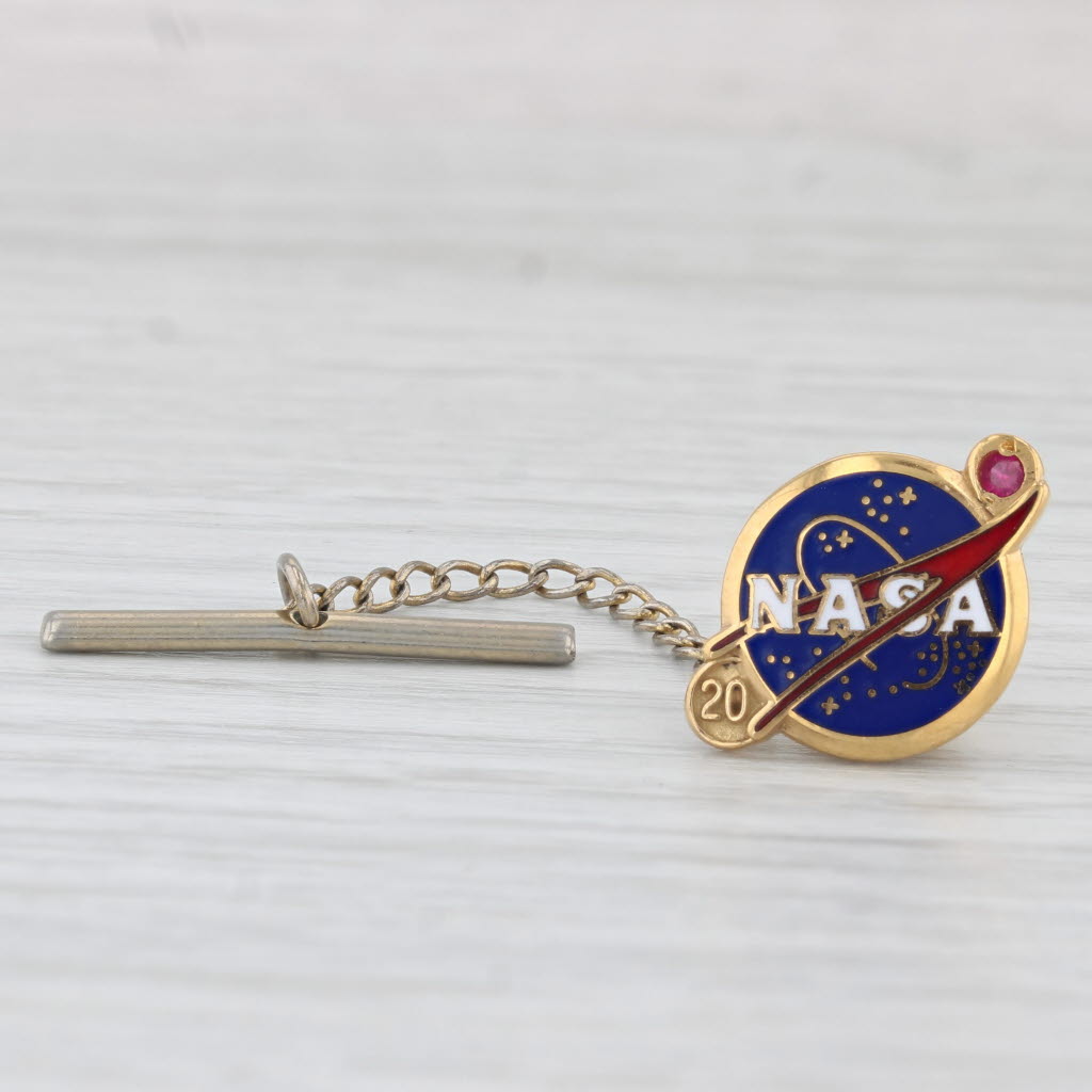 Light Gray NASA 20 Years Service Pin 10k Gold Enamel Synthetic Ruby Award Lapel Tie Tac