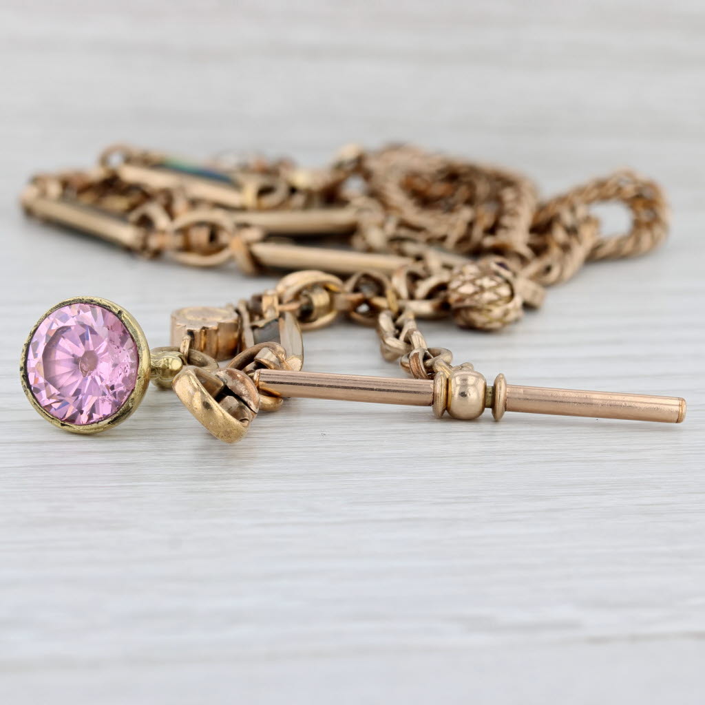 Light Gray Victorian Antique Watch Fob Chain Necklace Pendant Cubic Zirconia Abalone