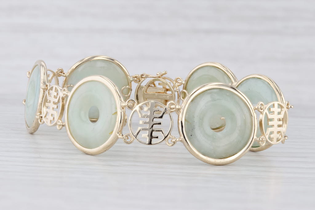 Light Gray Jadeite Jade Hololith Chinese Character Circle Link Bracelet 14k Gold 7.25"