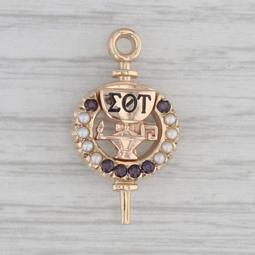 Gray Sigma Theta Tau Lamp Badge 10k Gold Pearl Simulated Amethyst Nursing Society Pin