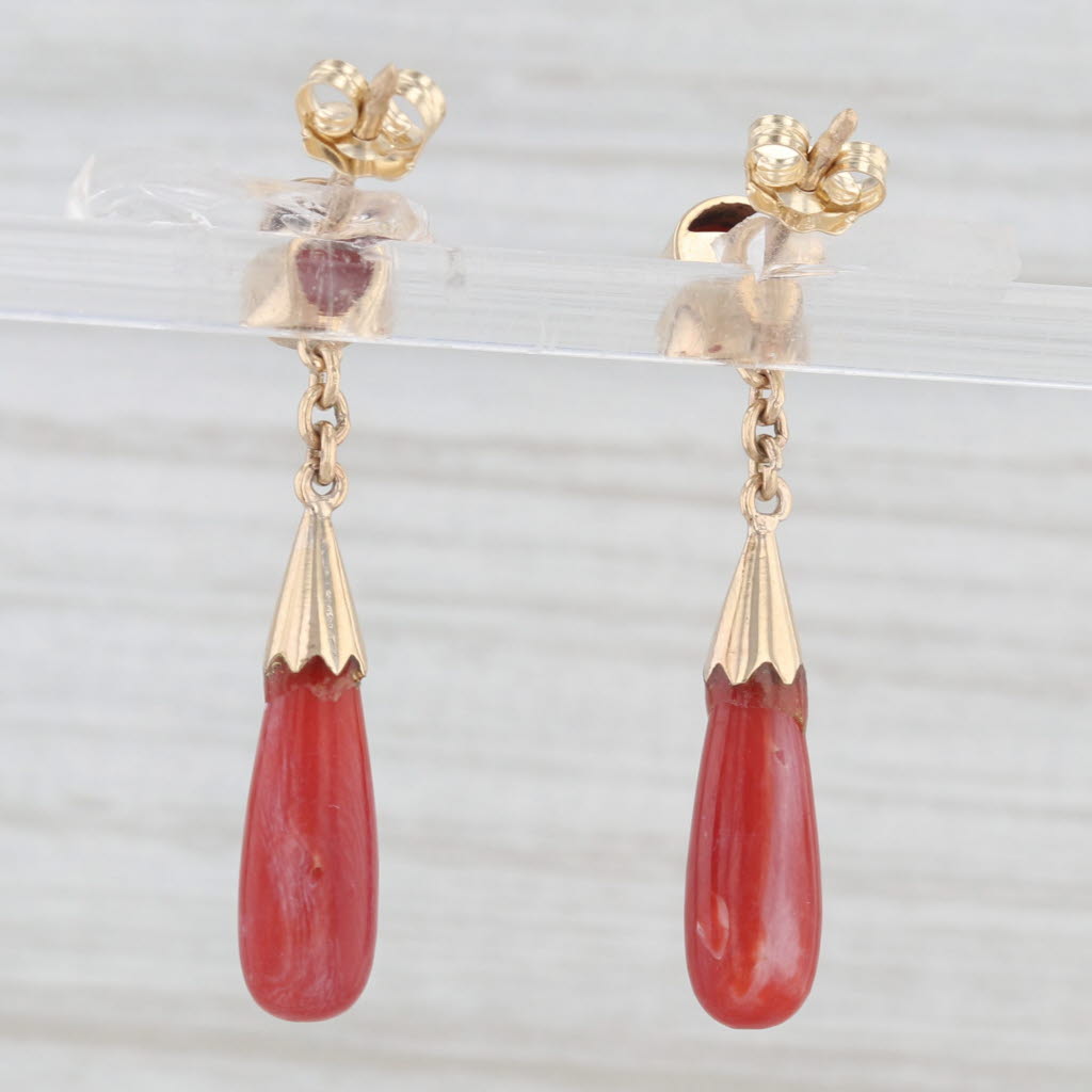 Light Gray Red Coral Drop Earrings 10k Yellow Gold Pierced Dangles