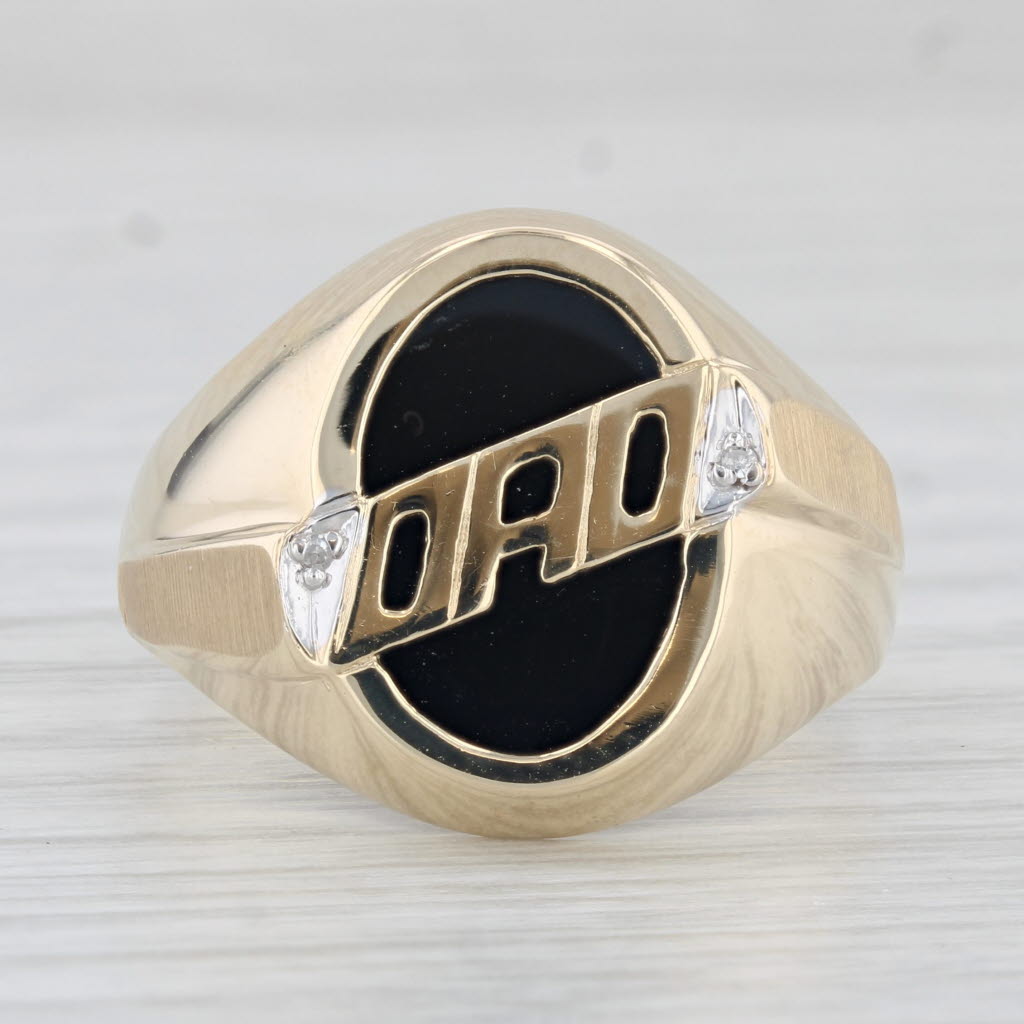 Light Gray Onyx DAD Ring 10k Yellow Gold Size 10 Men's Signet Gift Diamond Accents