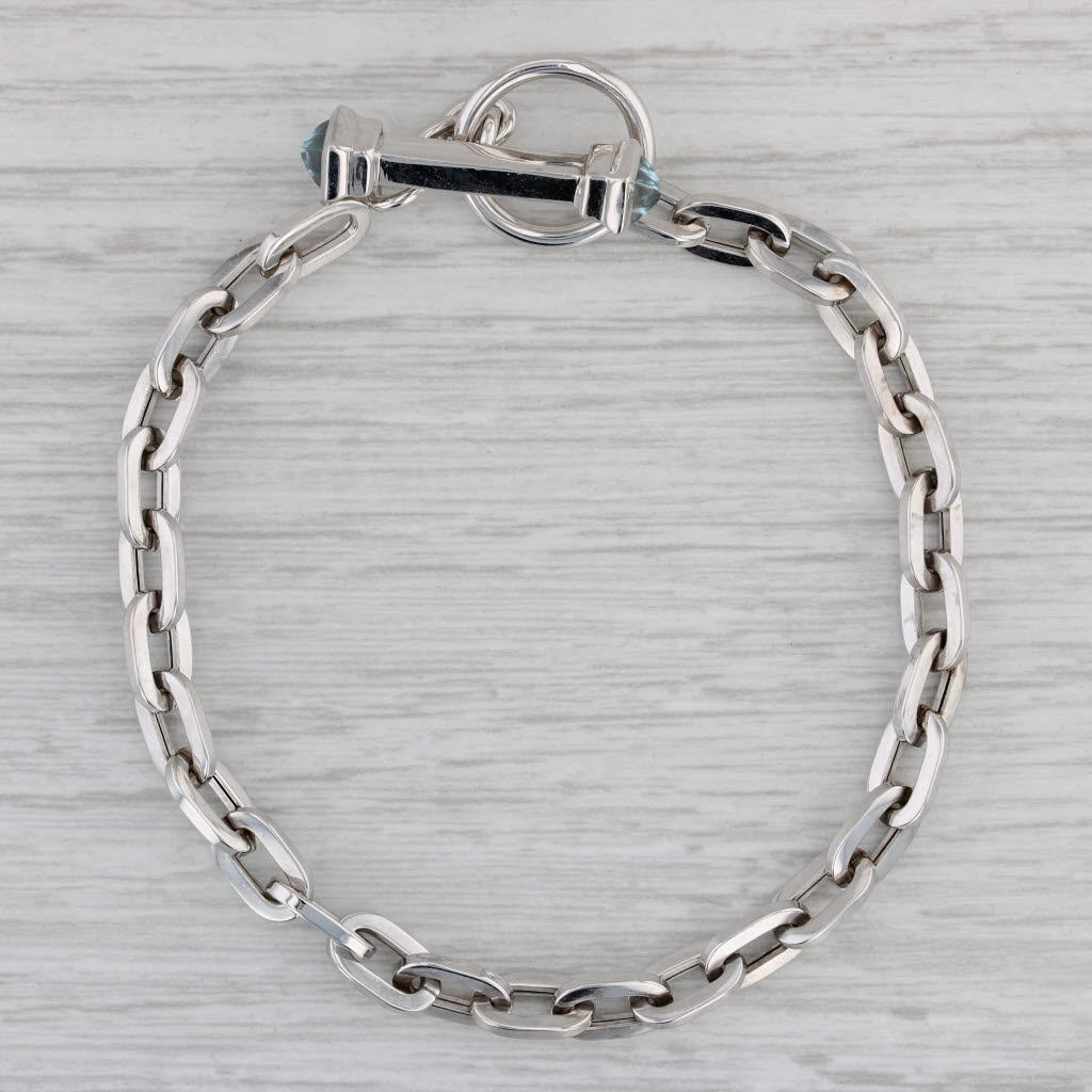 Gray Cable Chain Bracelet Blue Topaz Toggle Clasp 14k White Gold 7.5"