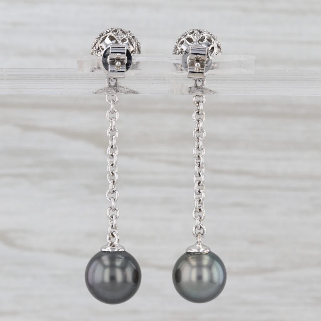 Cultured Black Gray Pearl Bead Dangle Earrings 14k White Gold