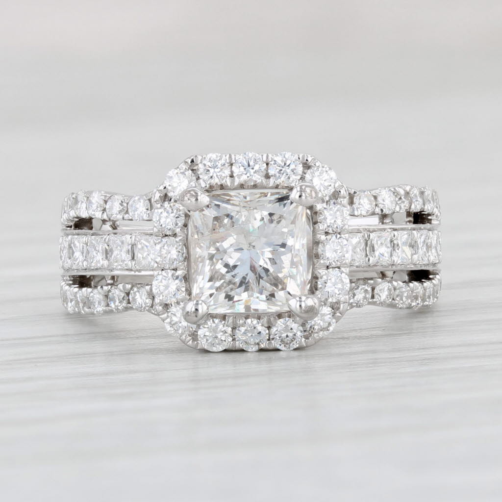 Light Gray 2.21ctw Diamond Engagement Ring Princess Halo Bridal Set 18k White Gold Size 6