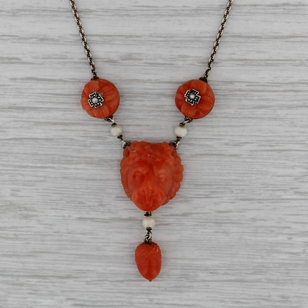 Vintage Carved Coral Floral Lion Acorn Lariet Necklace Silver 17.5" Cable Chain