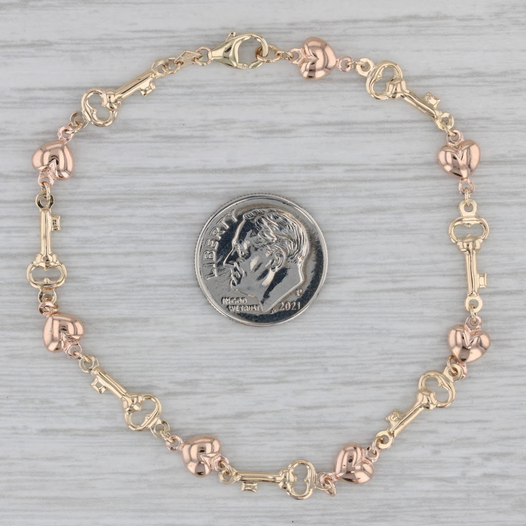 Gray Key Heart Chain Bracelet 10k Rose Yellow Gold 7.5" 5.8mm