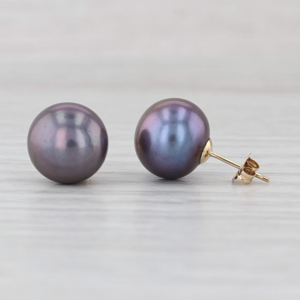 Black Cultured Pearl Stud Earrings 14k White Gold 11mm Bead Solitaire Studs