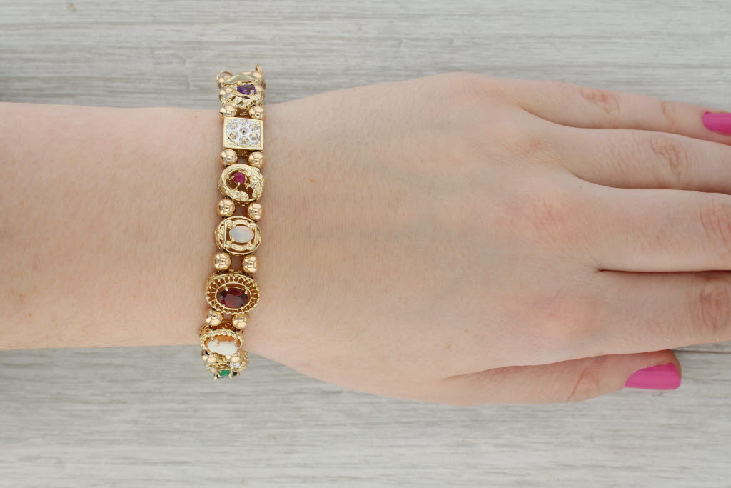Dark Gray Gemstones Slide Charm Bracelet 10k Gold 7.25" Cameo Amethyst Emerald Topaz Opal