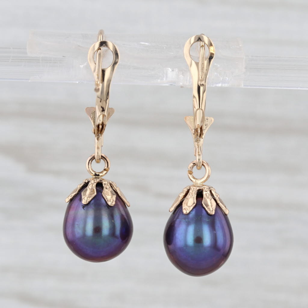 Cultured Black Pearl Drop Earrings 14k Yellow Gold Lever Backs