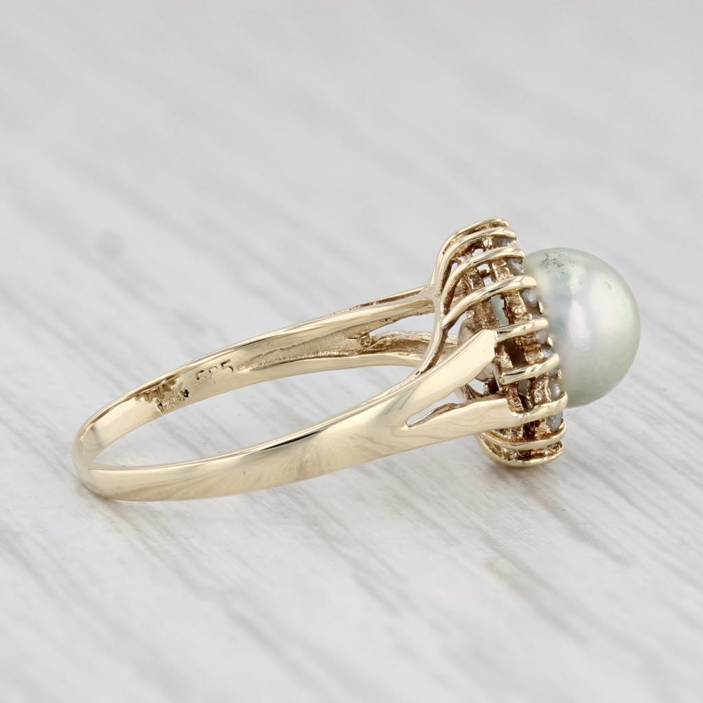 Light Gray Cultured Pearl Diamond Halo Ring 14k Yellow Gold Size 5.5
