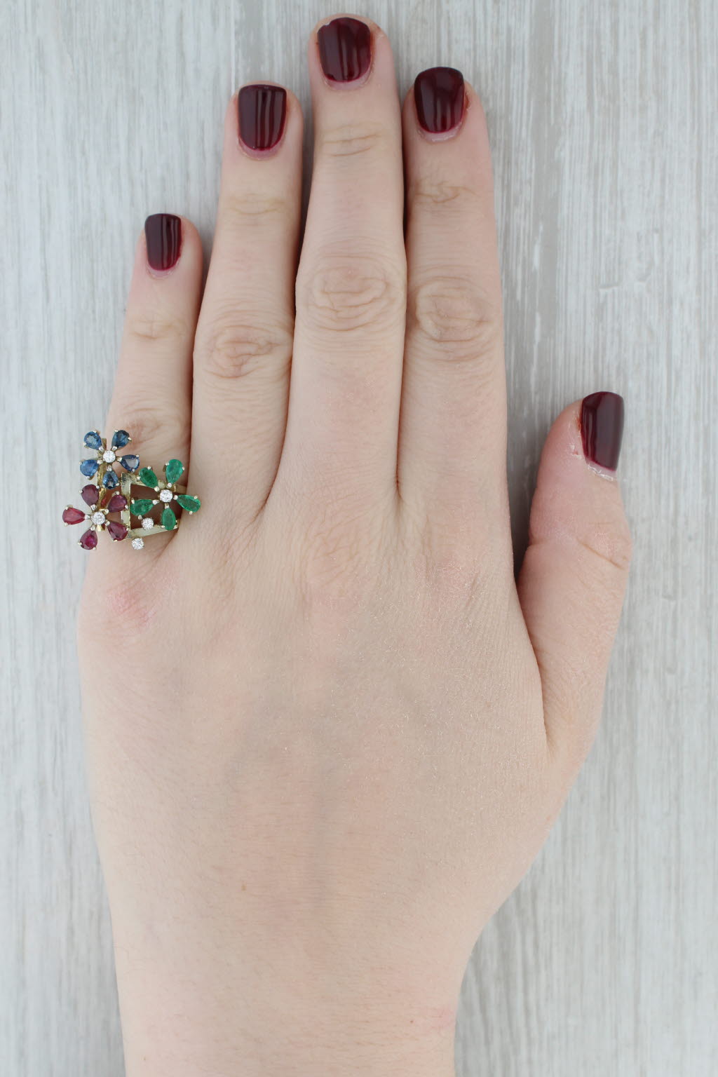 Gray 3.09ctw Gemstone Flower Ring 14k Gold Emerald Ruby Sapphire Diamond Size 6.5