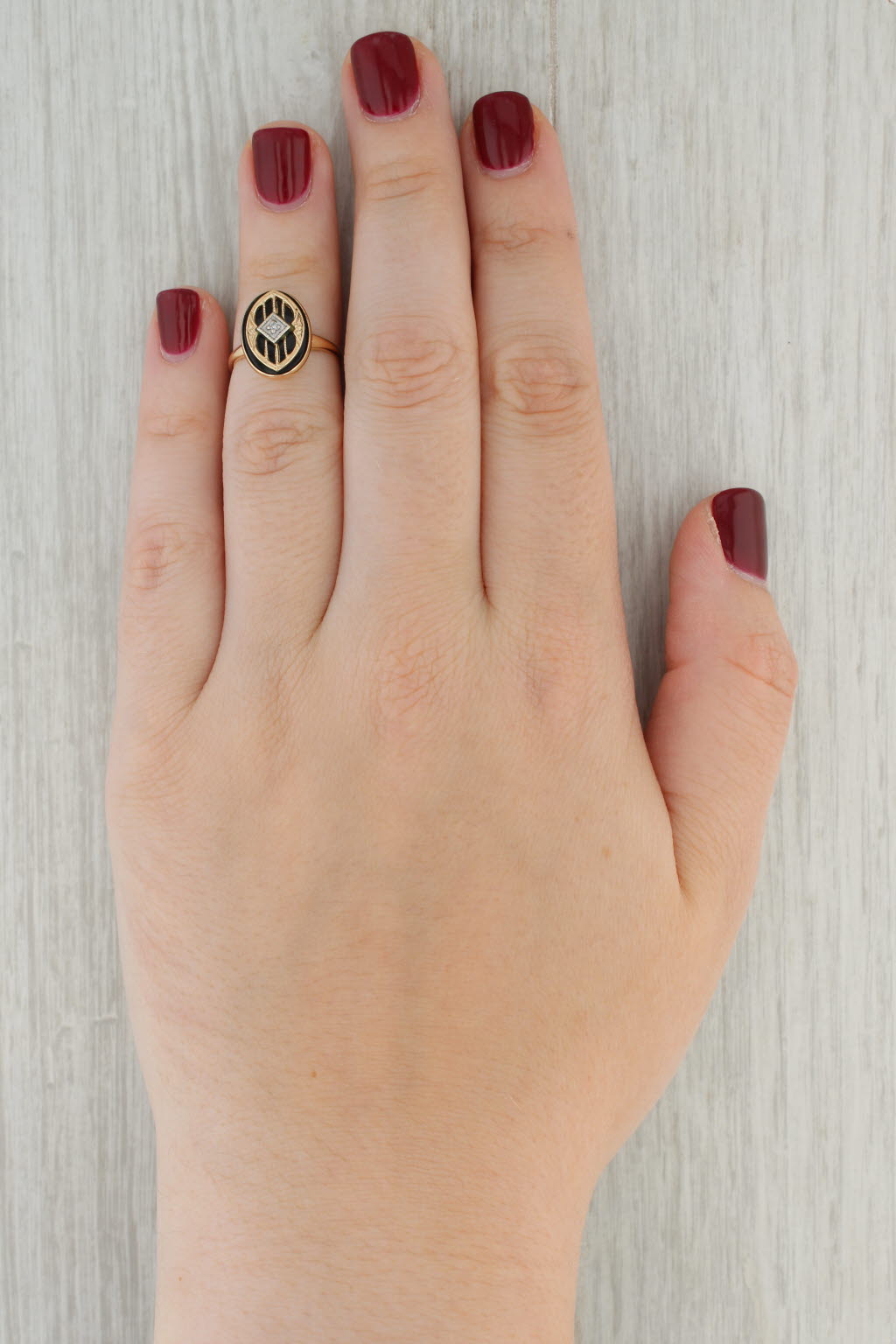 Tan Vintage Onyx Signet Ring 10k Yellow Gold Diamond Accent