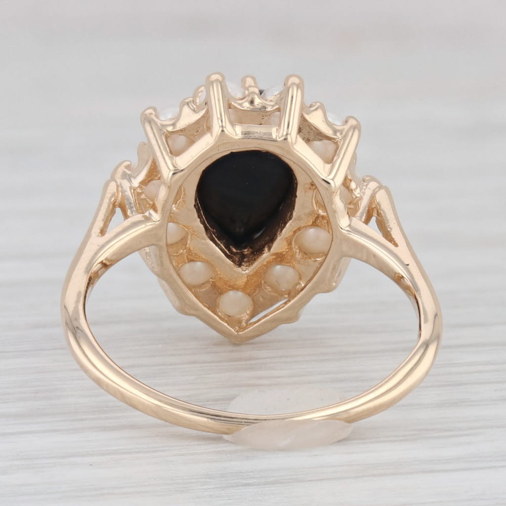 Light Gray Pear Onyx Pearl Halo Ring 14k Yellow Gold Size 5.5