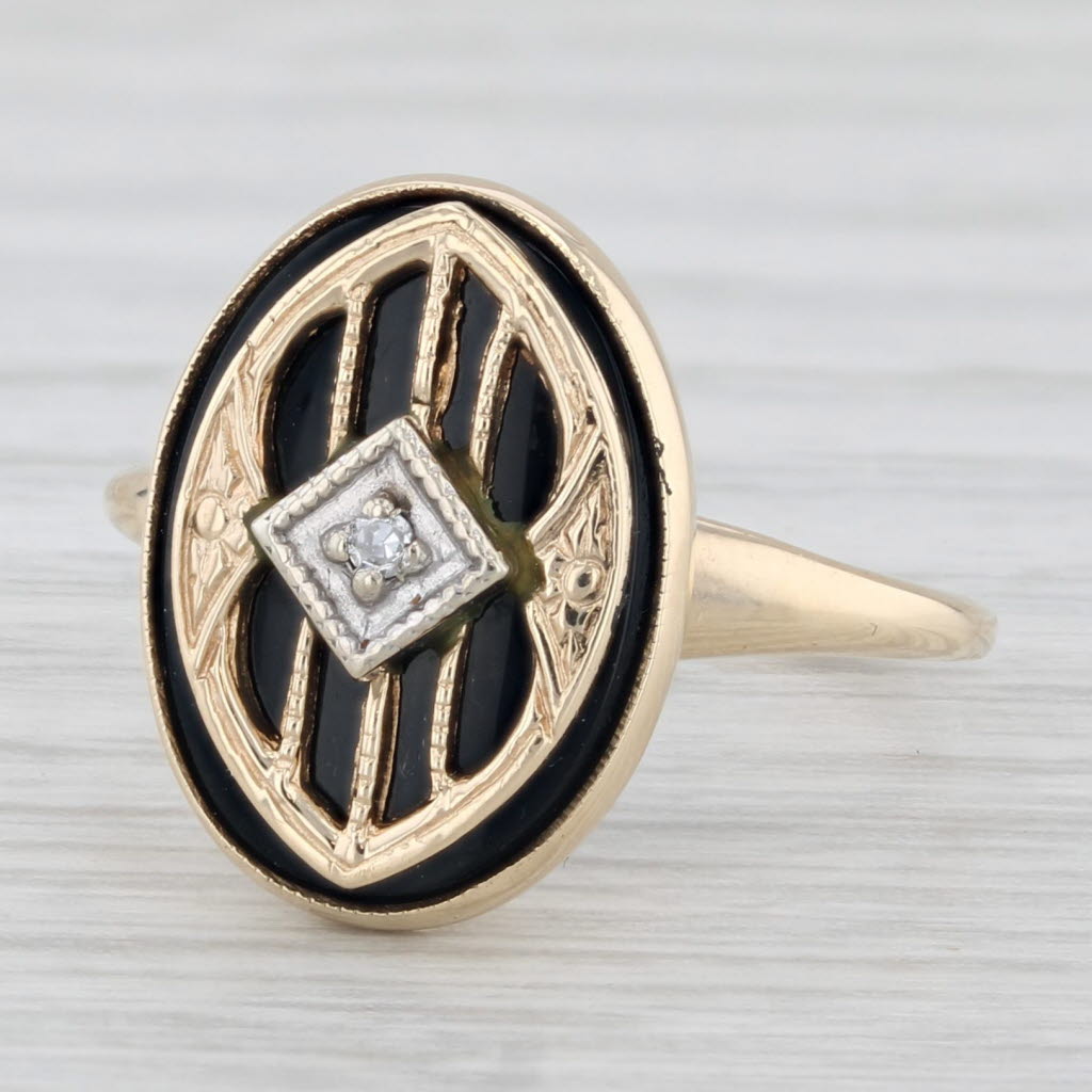 Light Gray Vintage Onyx Signet Ring 10k Yellow Gold Diamond Accent