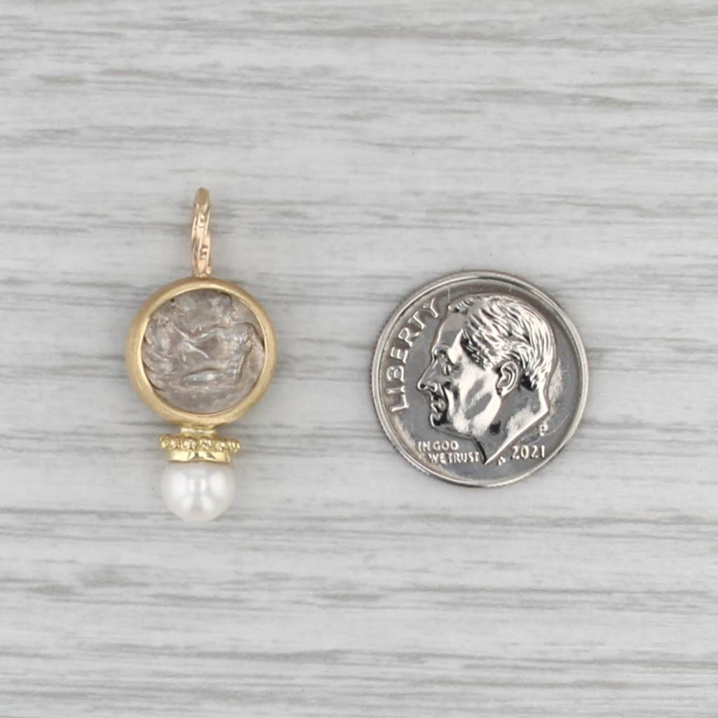 Cultured Pearl Silver Grecian Coin Replica Pendant 14k 18k Sterling Drop Charm