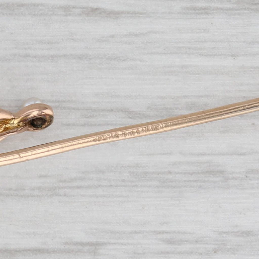 Light Gray Antique Diamond Seed Pearl Stickpin 10k Yellow Gold Pin