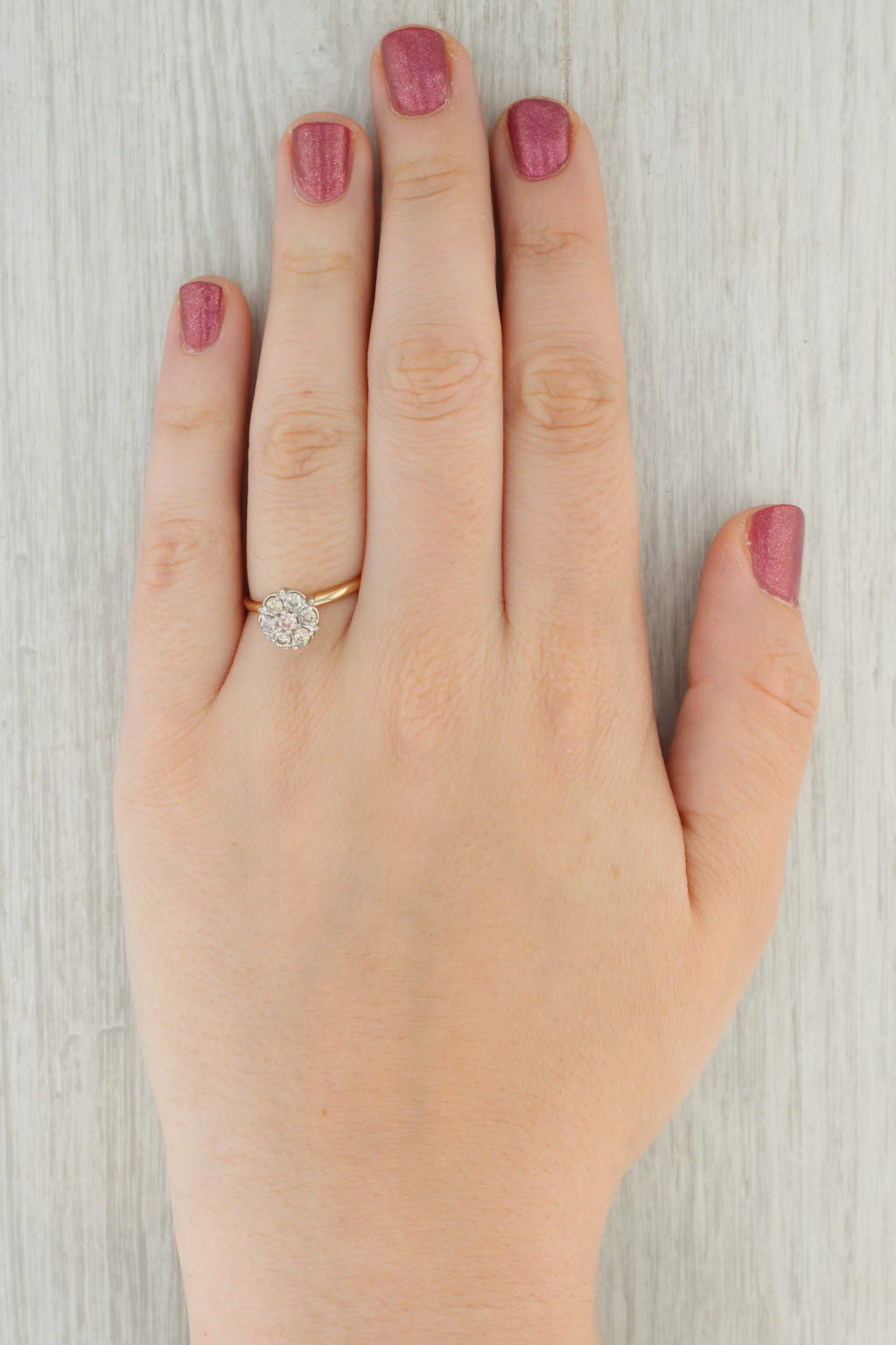 Tan 0.45ctw Diamond Cluster Engagement Ring 10k White Yellow Gold Size 8 Vintage