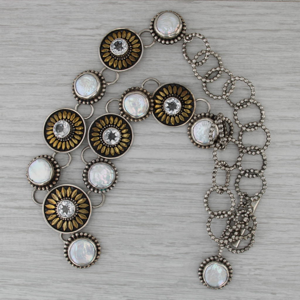 The Dreamer White Topaz Cultured Button Pearl Circle Link Necklace Silver Brass