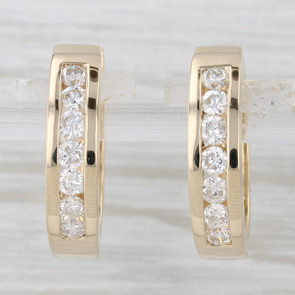 Light Gray 0.70ctw Diamond Hoop Earrings 14k Yellow Gold Hinged Snap Top Round Hoops