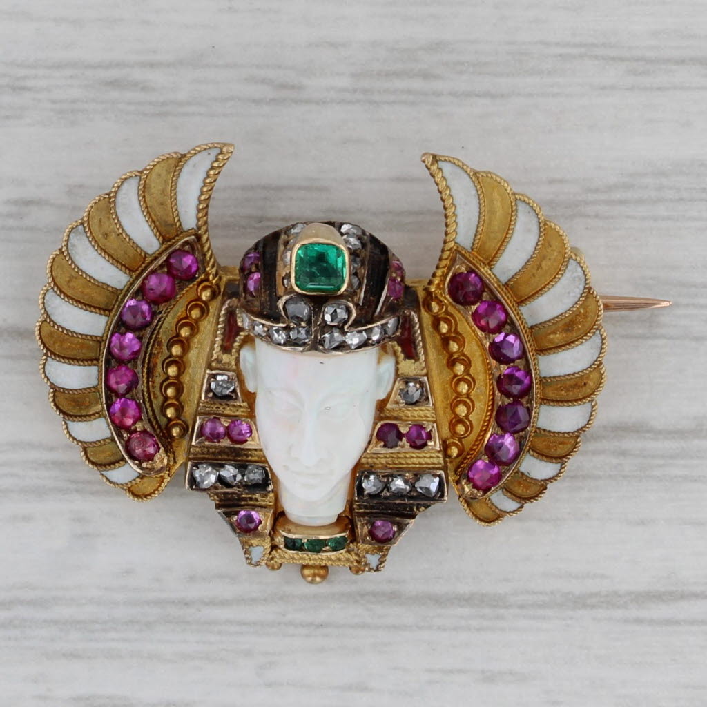 Carl Bacher Antique Jeweled Winged Carved Opal Pharaoh Bust Brooch 14k